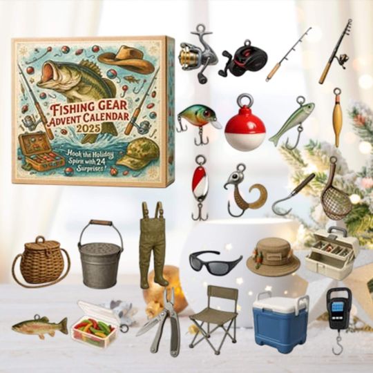 Fishing Gear Advent Calendar 2025, Angler Christmas Ornaments, Unique Gifts for Fisherman, 24 Day Surprises