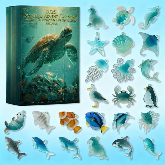 Personalized Sea Life Advent Calendar 2025, 24 Days Ocean Ornaments, Marine Animal Christmas Gift, Beach Decor