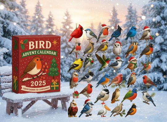 Discover Bird Advent Calendar 2025, 24 Mini Bird Ornaments for Christmas Countdown, Holiday Gift for Nature Lovers & Woodland Decor Fans