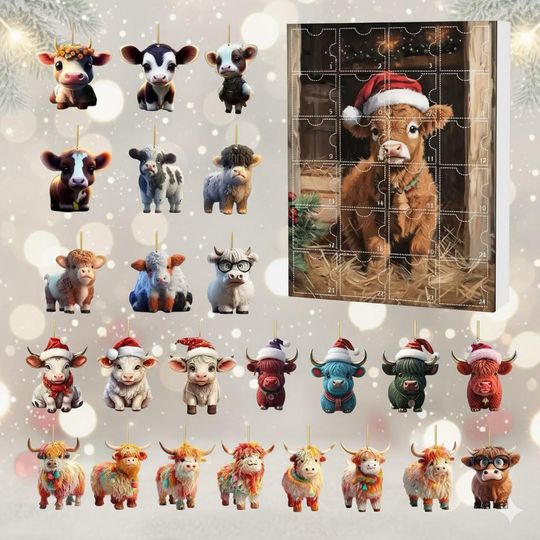 Highland Cow Advent Calendar | 24PCS Acrylic Cow Ornaments | Cute Animal Christmas Countdown | Rustic Country Holiday Decor | Christmas Gift