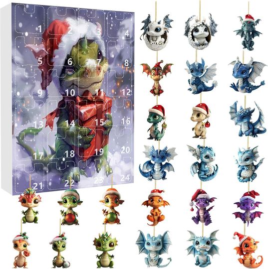 Discover Christmas Dragon Advent Calendar, 24 Piece Acrylic Pendant Mystery Box, 3.7 x 1.46 inch Flat Design