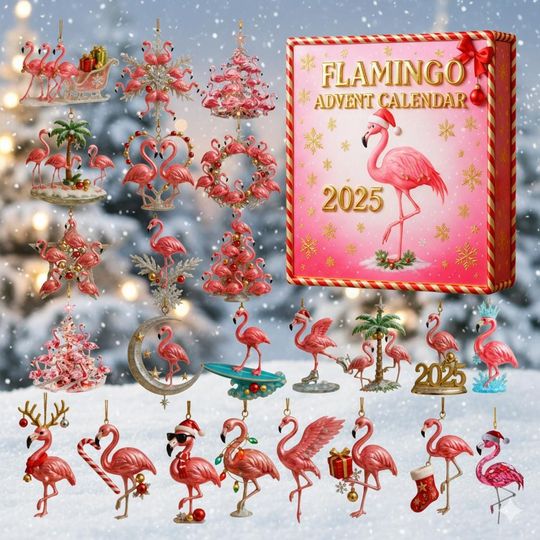 Discover Flamingo Advent Calendar 2025 Limited Edition 24 Acrylic Ornaments Box, Tropical Pink Bird Christmas Countdown Gift for Home Dcor