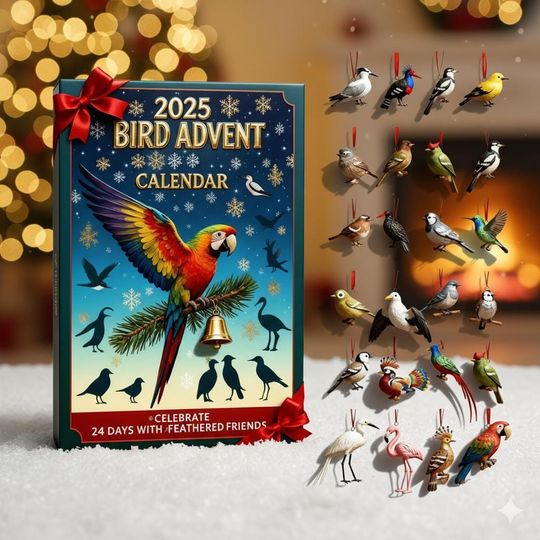 Discover Bird Lovers Advent Calendar 2025 Limited Edition 24 Acrylic Ornaments Box, Feathered Friends Christmas Countdown Gift Set