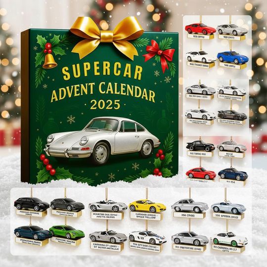 Discover Supercar Advent Calendar 2025, Flat 2D Acrylic Christmas Ornament Set Featuring Classic Sports Cars, Tree Hanging Decor Gift for Him