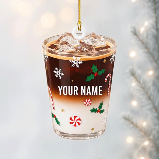 Discover Custom Iced Coffee Ornament  Personalized Holiday Drink Cup with Name, Snowflakes & Candy Decor, Christmas Tree Gift for Coffee Lovers