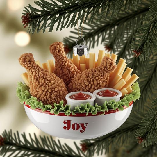 Discover Fried Chicken Christmas Ornament, Personalized Funny Fast Food Tree Decoration with Fries and Ketchup Bowl, Gift for Food Lover