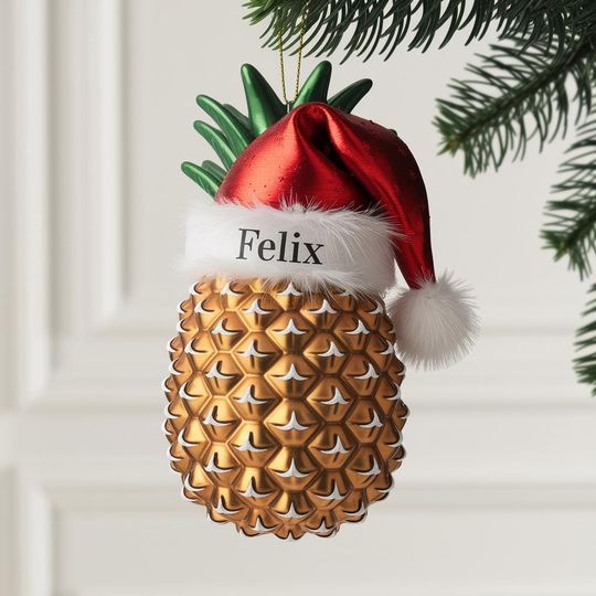 Discover Pineapple Christmas Ornament, Personalized Tropical Holiday Decor with Santa Hat, Custom Name Gift for Beach Lover