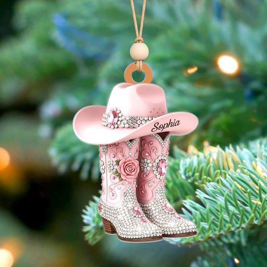 Personalized Cowgirl Ornament, Pink Cowboy Boots & Hat, Western Christmas Tree Gift for Girls or Country Women