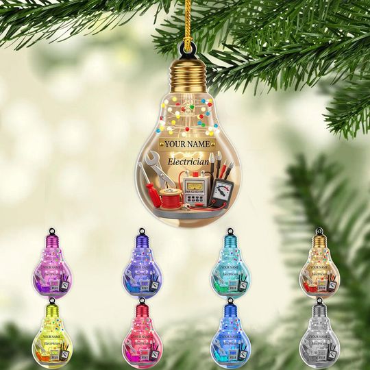 Discover Personalized Electrician Ornament 2025, Custom Name Light Bulb Ornament, Acrylic Christmas Gift for Electrician, Worker Tree Decor