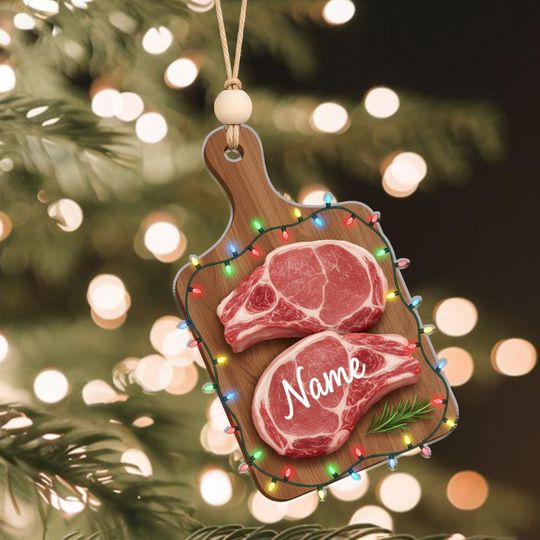 Discover Personalized Raw Meat Ornament  Acrylic Pork Chop Cutting Board Decor  Funny Christmas Gift for Meat Lovers with Custom Name
