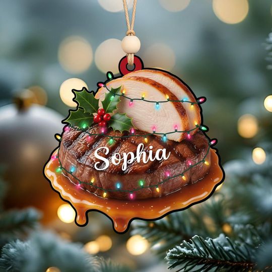 Discover Custom BBQ Food Ornament  Grilled Meat & Turkey Slice Acrylic Decor  Holiday Tree Gift for Foodie with Name  Funny Christmas Keepsake