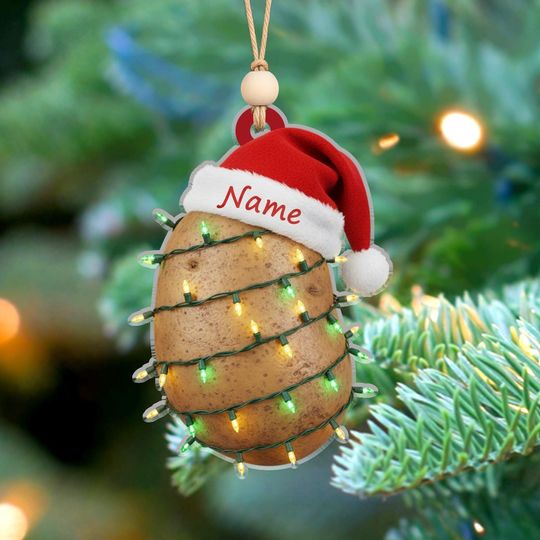 Discover Personalized Potato Ornament  Funny Christmas Tree Acrylic Gift with Santa Hat & Lights  Custom Name Decor for Food Lovers or Veggie Fans