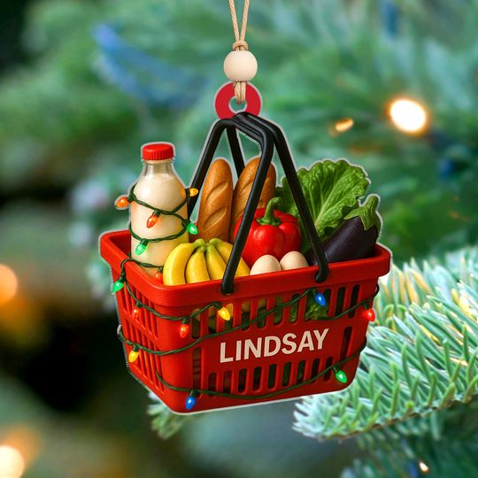 Personalized Grocery Basket Ornament, Christmas Tree Decor with Milk, Veggies & Bread, Gift for Foodies or Shoppers