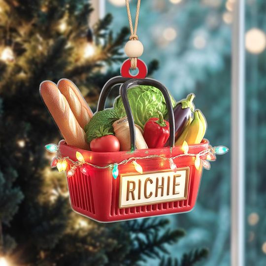 Personalized Grocery Basket Ornament, Christmas Decor with Name Funny Food Lover or Chef Gift, Veggies & Bread Holiday Charm