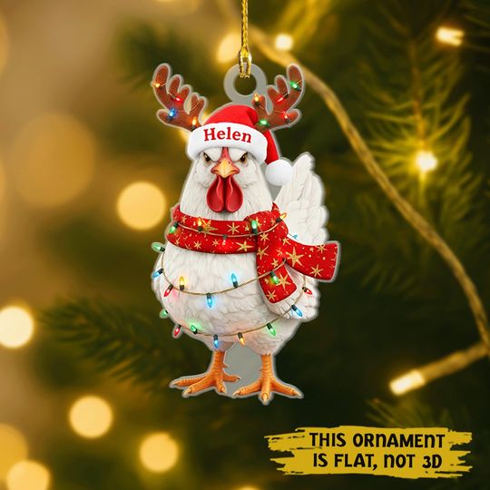 Funny Chicken Christmas Ornament Personalized with Name, Farm Animal Holiday Gift, Santa Hat Chicken Flat Acrylic Decoration