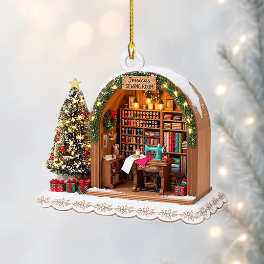 Discover Personalized Sewing Room Ornament with Name, Quilter Christmas Gift, Custom Craft Room Miniature Acrylic Holiday Decoration