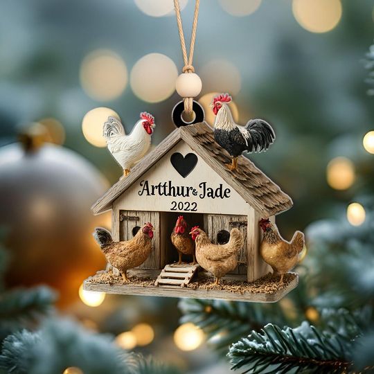 Discover Personalized Chicken Coop Ornament  Custom Names & Year  Farmhouse Christmas Tree Decor  Country Chicken Ornament for Couples