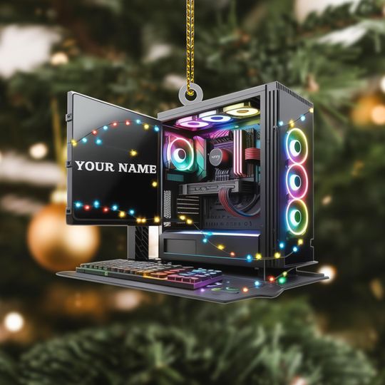 Discover Personalized Gamer PC Christmas Ornament, Acrylic RGB Computer Decor, Custom Name Gaming Setup, Gift for Gamer Boy or Girl