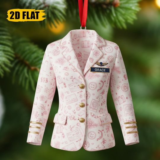 Discover Personalized Flight Attendant Ornament, Airline Uniform Christmas Ornament with Name Tag, Pink Toile Pattern, Acrylic Gift