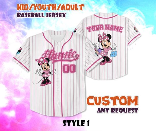 Discover CUSTOM Minnie Mouse Baseball Jersey, Disneyland Baseball Shirt, Personalized Disney Minnie Mouse, Minnie Fan Gifts, Birthday Gifts