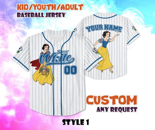Discover CUSTOM Snow White Baseball Jersey, Personalized Snow White Baseball Jersey, Disney Princess Jersey, Magic Kingdom Shirt, Birthday Gifts