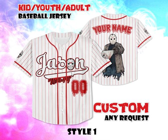 Discover CUSTOM Jason Voorhees Baseball Jersey, Horror Scary Baseball Shirt, Friday The 13th Jersey Kids, Halloween Party Jersey Tee, Birthday Gifts