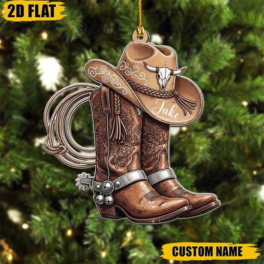 Cowboy Boots Hat Ornament, Personalized Western Christmas Gift, Custom Ranch Decor, Country Tree Ornament, Bull Skull Rodeo Keepsake