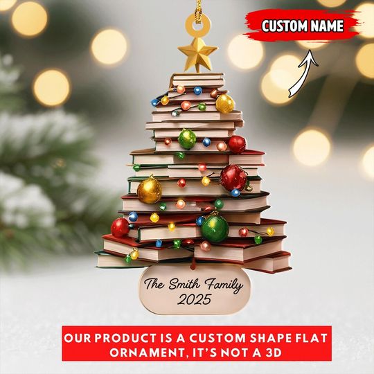 Discover Custom Family Book Tree Ornament 2025, Personalized Name Christmas Ornament, Holiday Gift for Book Lovers & Teachers, Unique Xmas Decor