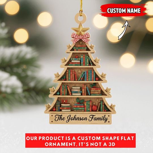 Discover Custom Family Book Tree Ornament 2025, Personalized Wooden Christmas Ornament, Unique Holiday Gift for Book Lovers & Readers, Xmas Decor