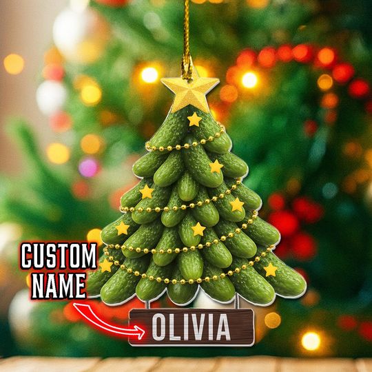 Discover Personalized Pickle Tree Ornament, Custom Name Christmas Decoration, Funny Xmas Gift, Unique Holiday Keepsake for Family