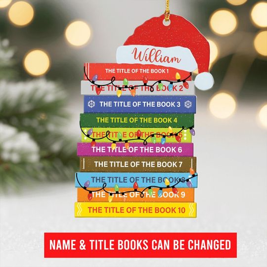 Discover Stack of Books Ornament, Custom Name Christmas Ornament, Personalized Book Lover Gift, Teacher Holiday Keepsake