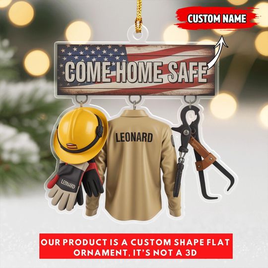 Discover Come Home Safe Ornament, Custom Name Lineman Christmas Gift, Personalized Electrician Ornament, USA Flag Holiday Decor