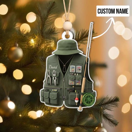 Discover Personalized Fishing Vest Ornament, Custom Name Fisherman Gift, Fishing Gear Christmas Decor, Holiday Keepsake, Christmas Gift