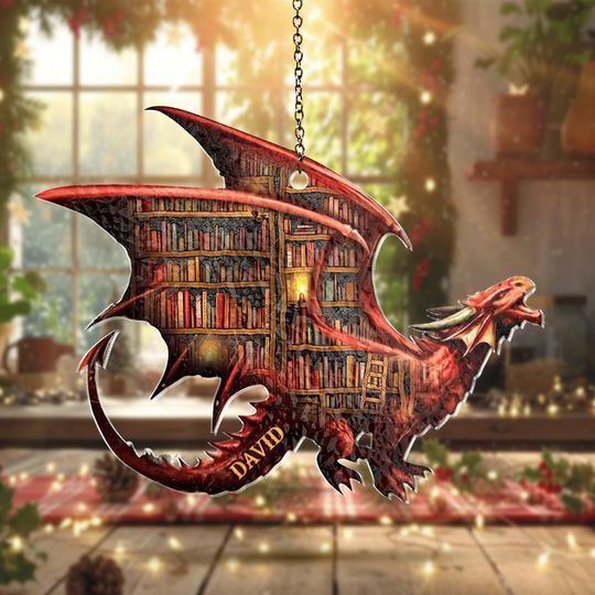Discover Personalized Dragon Bookshelf Ornament, Custom Name Dragon Library Gift, Fantasy Book Lover Decor, Christmas Keepsake