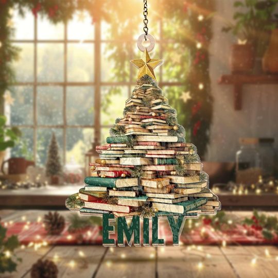 Discover Personalized Book Christmas Tree Ornament, Custom Name Book Stacks Decor, Book Lover Gift, Reading Holiday Keepsake