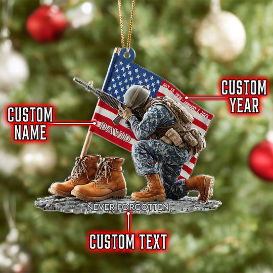 Discover Custom Military Memorial Ornament 2025, Personalized Veteran Gift, American Flag Soldier Keepsake, Never Forgotten Christmas Decor