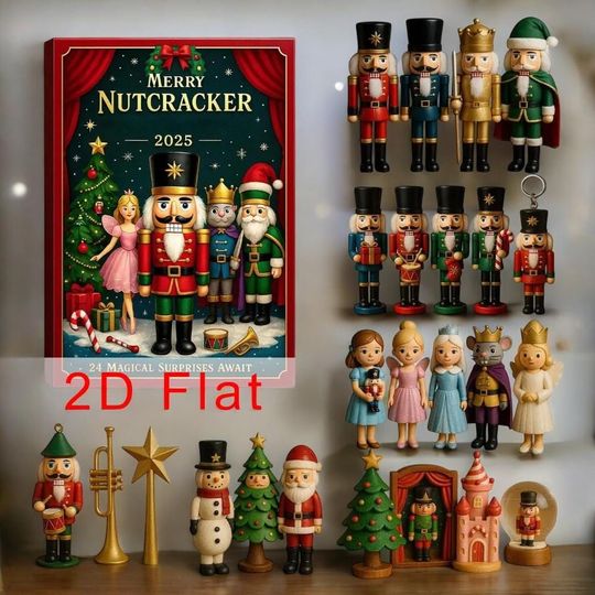 2025 Nutcracker Advent Calendar, 24-Day 2D Flat Christmas Countdown, Merry Cartoon Nutcracker Ornaments Gift Set