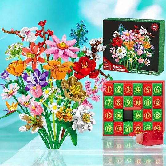 Discover Christmas Countdown Flower Bouquet Building Blocks 24 Days Advent Calendar Surprise Blind Box for Kids Adults Holiday DIY Gift