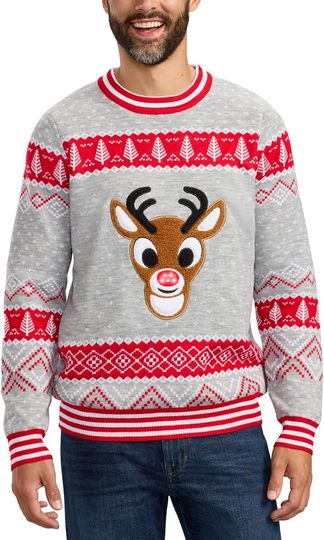 Tipsy Elves Light-Up Ugly Christmas Sweaters for Men - Funny Holiday Pullover with LED Lights for Winter Gatherings - Gray Sequin Rudolph Light-Up Sweater Size - Large
