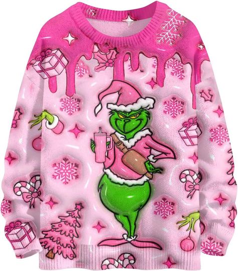 Discover Ugly Christmas Sweater Women Funny Pattern Cute Xmas Holiday Knit Sweaters Oversized Crewneck Pullover Tops