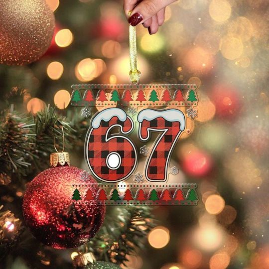 Discover Buffalo Plaid 67 Christmas Ornament, Personalized Number Ornament, Rustic Holiday Tree Decoration, Cozy Farmhouse Xmas Gift