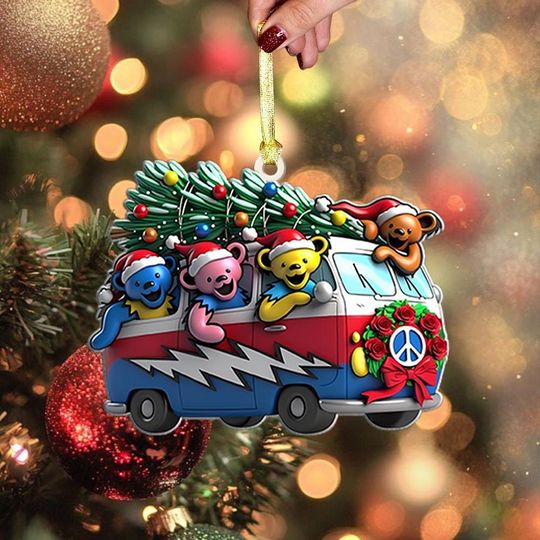 Discover Grateful Dead Bears Driving Christmas Van Ornament, Cute Holiday Tree Decoration, Peace and Love Hippie Xmas Gift for Music Fans