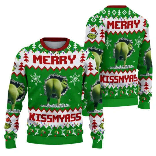 Discover Funny Green Monster Merry Kiss My Ass Ugly Christmas Sweater Holiday Pullover