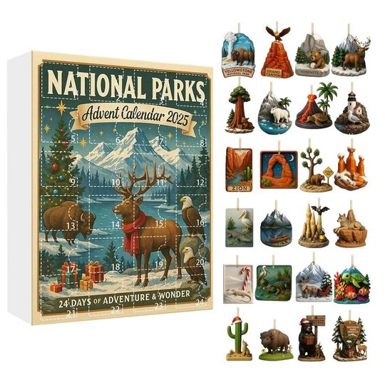 Discover Personalized National Parks Advent Calendar 2025, Custom Hiker Gift, Vintage Acrylic Ornaments, Christmas Countdown Nature Lover Decor Gift