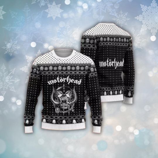 Motor.head Inspired Ugly Christmas Sweater, Heavy Metal Rock Holiday Knit Jumper, Black White Skull Unisex Funny Xmas Party Pullover Gift