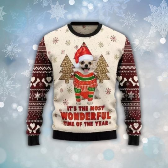 Discover Cute Dog Ugly Christmas Sweater, Its The Most Wonderful Time Graphic, Festive Santa Pup Holiday Knit Jumper, Unisex Funny Xmas Gift