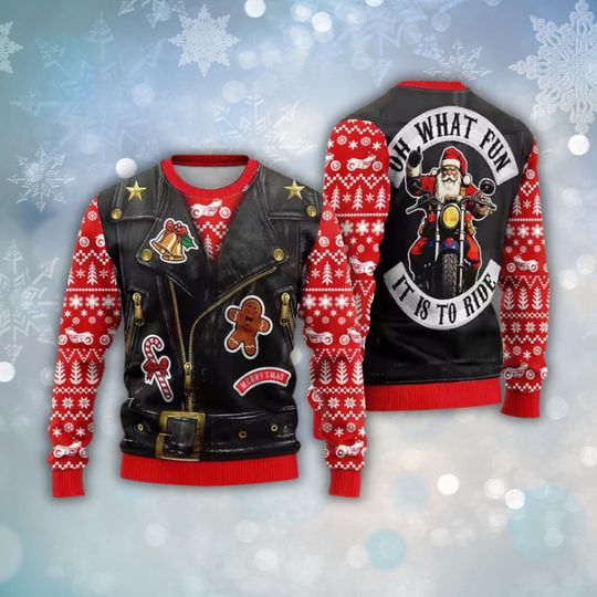 Santa Biker Ugly Christmas Sweater, Oh What Fun It Is To Ride Motorcycle Holiday Knit, Faux Vest Look, Unisex Funny Xmas Party Pullover
