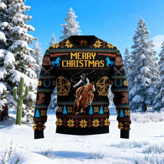 Discover Cowboy Christmas Ugly Sweater, Funny Western Rodeo Xmas Jumper for Men Women, Country Holiday Outfit Gift for Cowboys