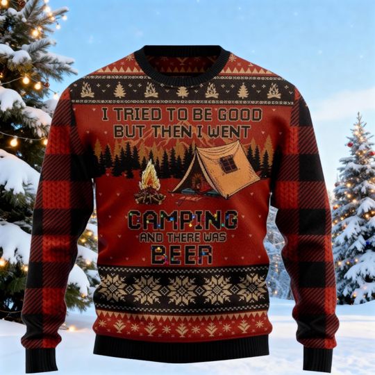 Discover Camping and Beer Ugly Christmas Sweater, Funny Camping Sweater, Go Outside Quote Christmas Sweatshirt, Adventure Ugly Sweater