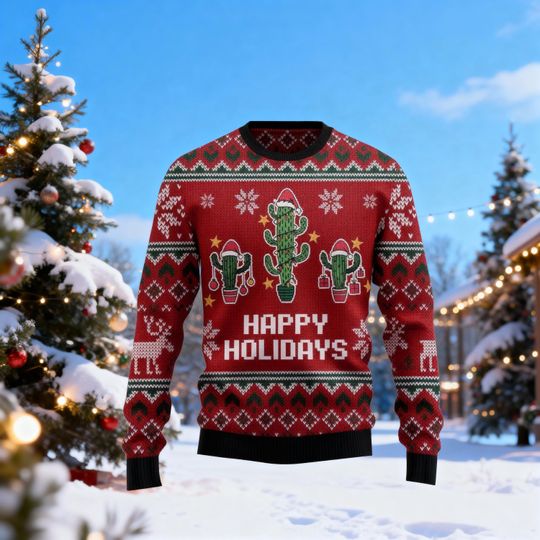 Discover Christmas Cactus Ugly Christmas Sweater, Funny Holiday Desert Sweatshirt, Festive Southwestern Jumper, Cute Xmas Gift For Her Him